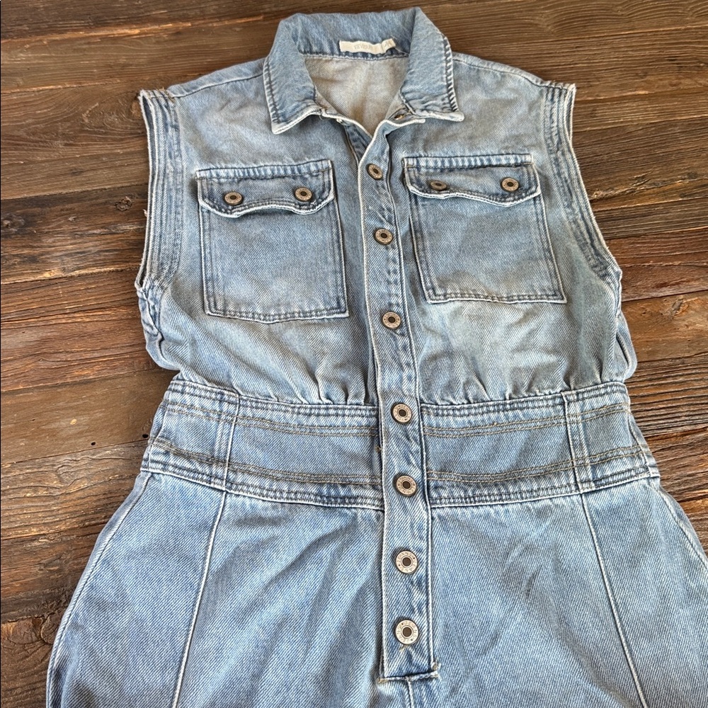 Vervet denim button down sleeveless ultra wide leg jumpsuit (flaw) large - Picture 6 of 11